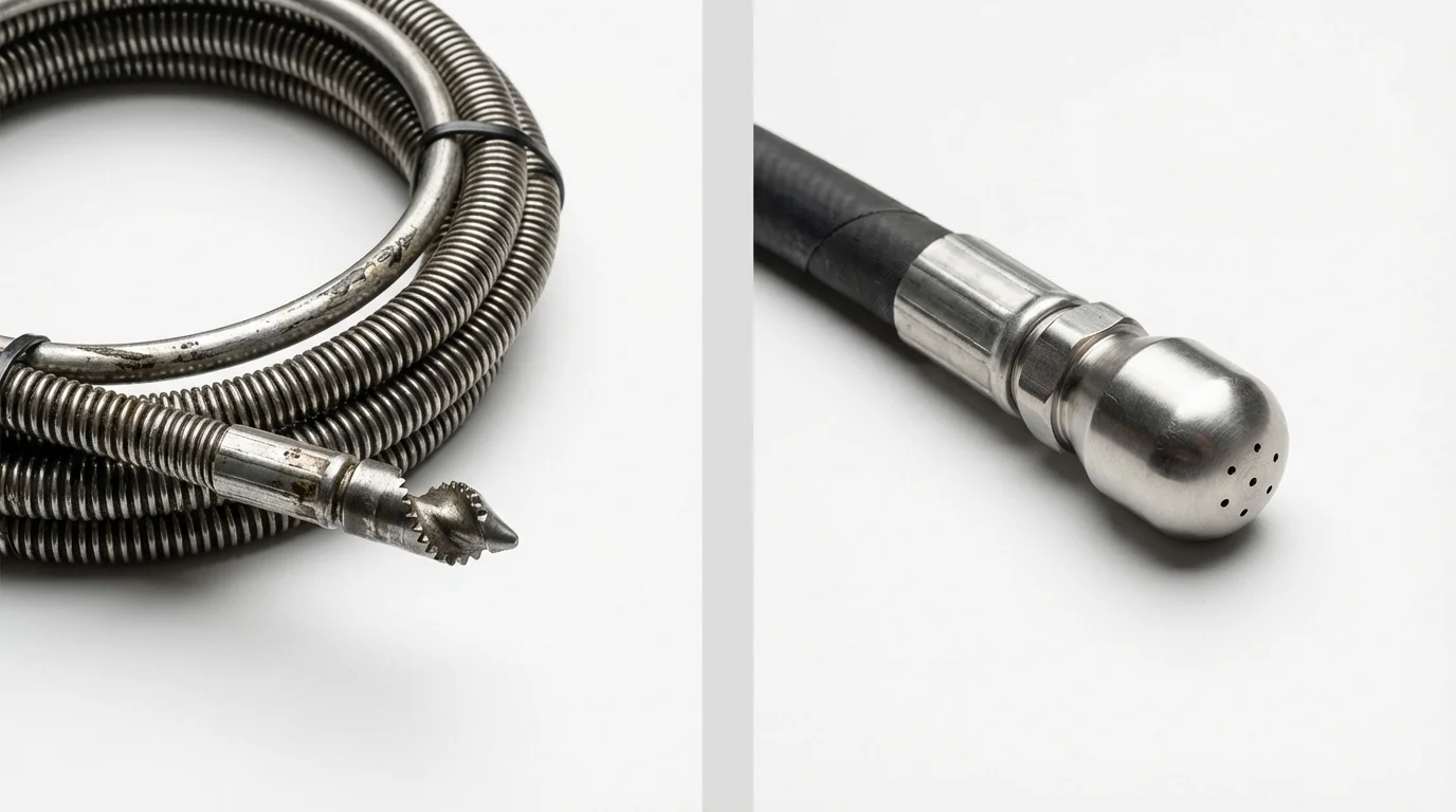 Drain snake cable and hydro jetting nozzle used for drain cleaning in Carson City, MI