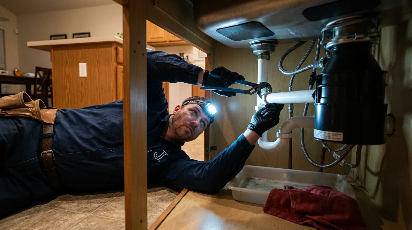 P-trap and supply line connections under a kitchen sink showing a common leak point in Carson City, MI